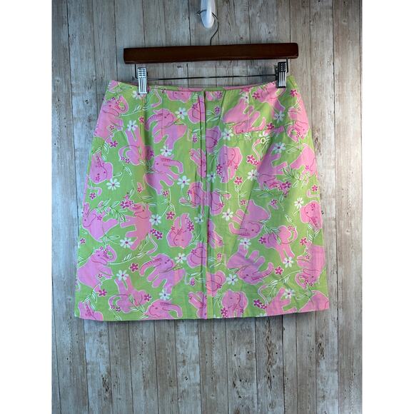 Lilly Pulitzer Mini Skirt Womens 8‎ Green Pink Elephants Flowers Vacation Summer - Picture 1 of 7